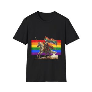 Knight Riding Unicorn T-Shirt - Rainbow Flag Fantasy Tee - Magical Adventure Shirt for Dreamers