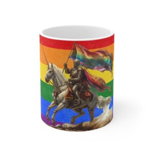 Knight Riding Unicorn Mug - Colorful Rainbow Flag Design - Whimsical Fantasy Coffee Cup for Dreamers
