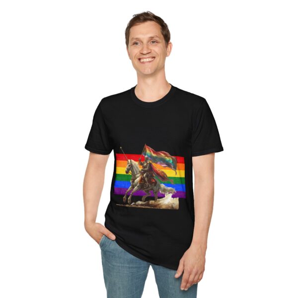 Knight Riding Unicorn T-Shirt - Rainbow Flag Fantasy Tee - Magical Adventure Shirt for Dreamers - Image 3
